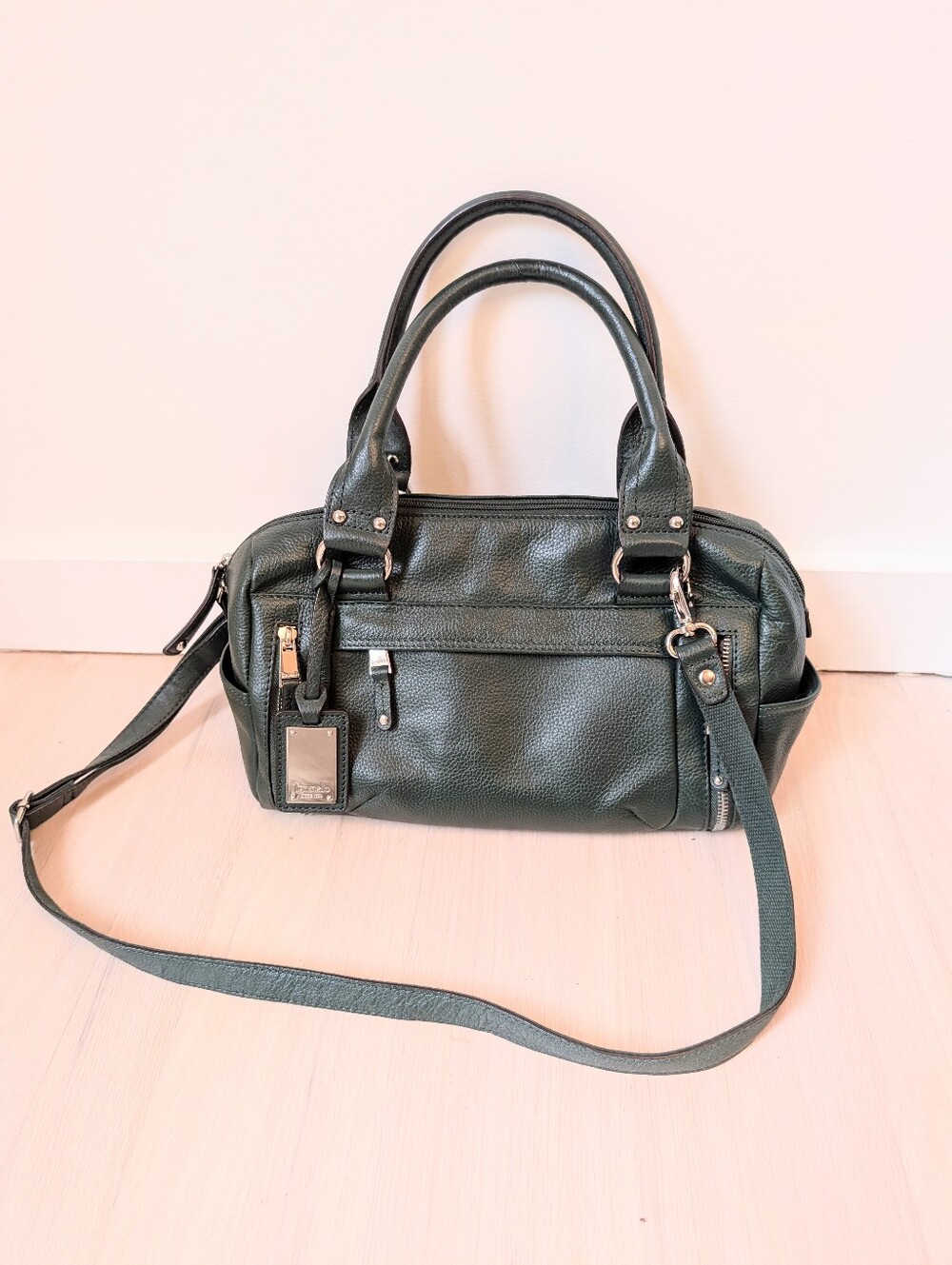 Vintage TIGNANELLO Hunter Green Leather Satchel Handbag with Removable Strap